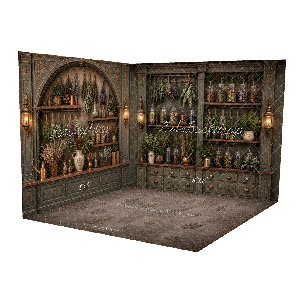 Kate Apothecary Cabinet Herbs Jars Greenery Printed Backdrop Room Set