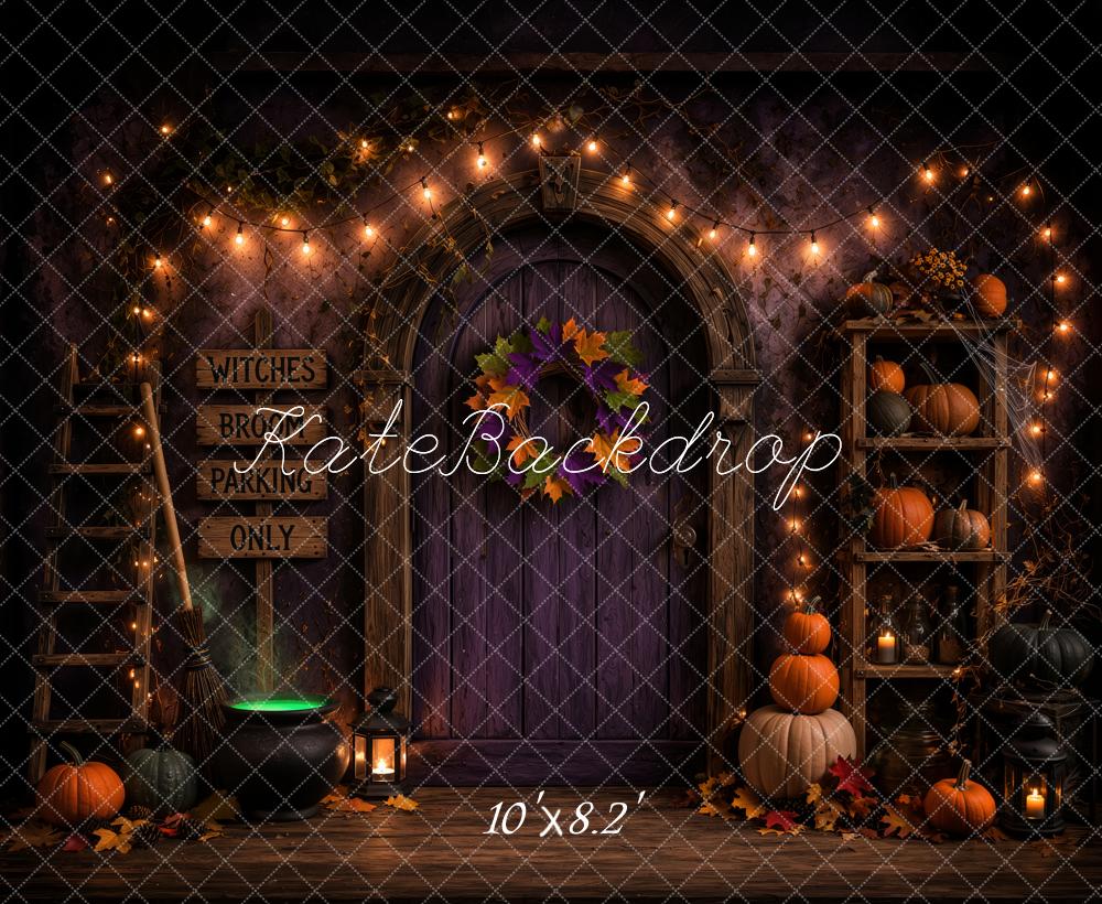 Kate Halloween Witch Doorway Pumpkins Shelf Printed Backdrop Designed by Ashley Ward