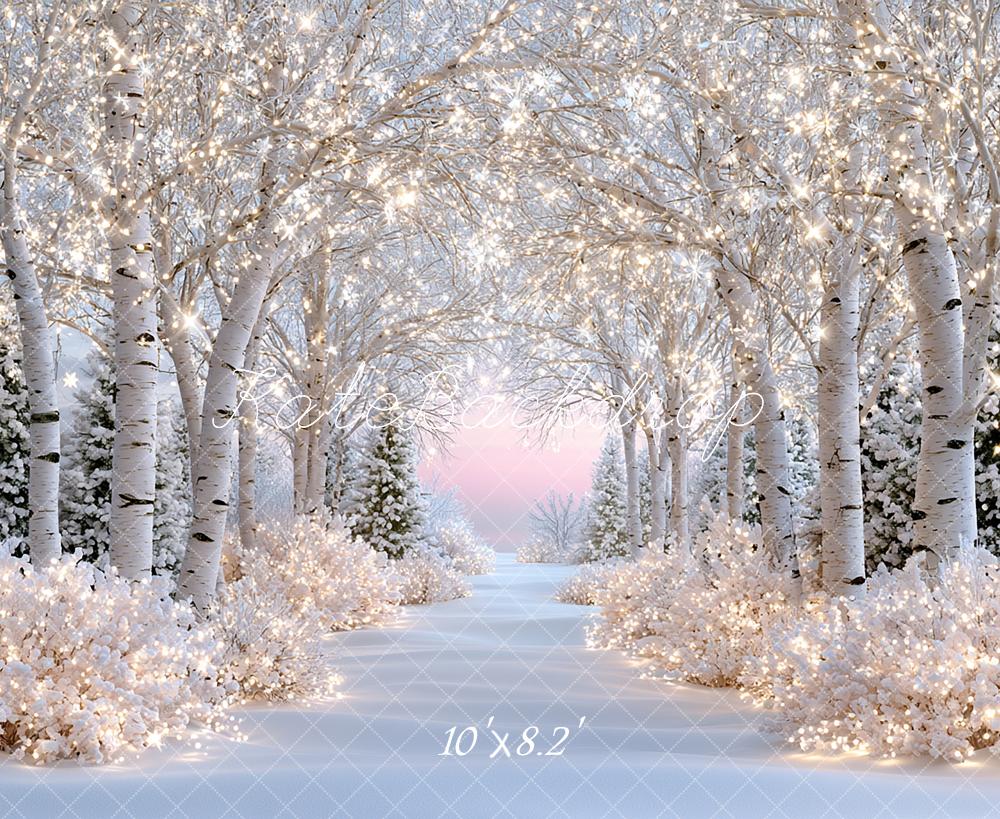 Kate Winter Wonderland Snowy Birch Forest Lights Path Printed Backdrop Designed by Angela Miller