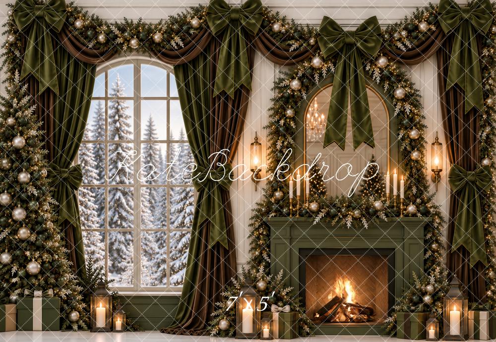 Kate Christmas Olive Green Fireplace Mirror Garland Bows Window Snowy Printed Backdrop Designed by Ashley Paul