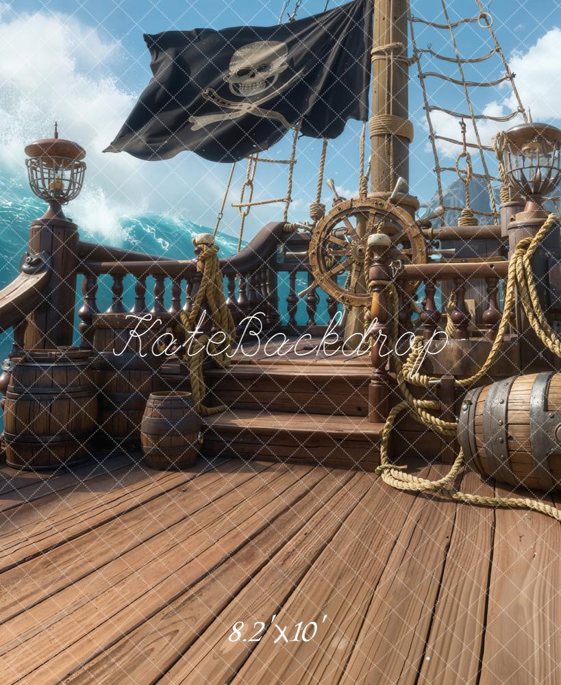 Kate Pirate Ship Deck Steering Wheel Barrels Ocean Backdrop Designed by Chain Photography