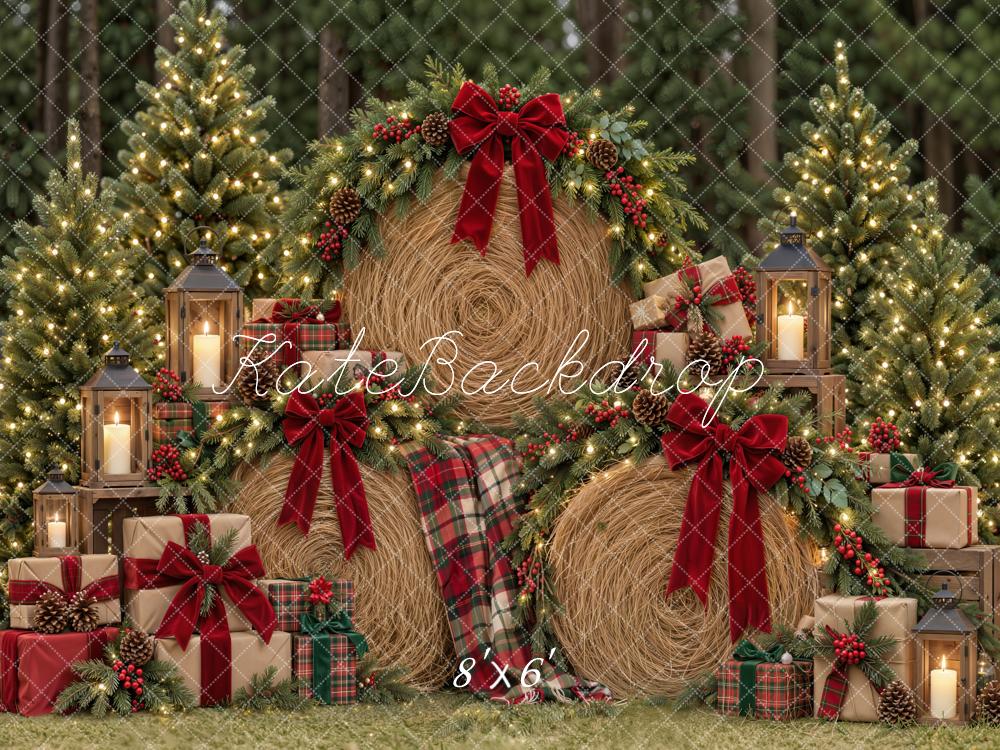 Kate Christmas Hay Bale Wreaths Red Bow Tartan Gifts Trees Printed Backdrop Designed by Emetselch
