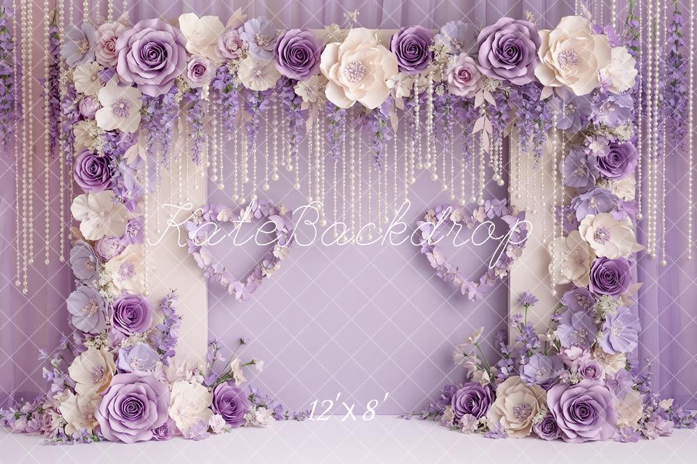 Kate Valentine's Day Purple Paper Flower Arch Pearls Printed Backdrop Designed by Angela Miller