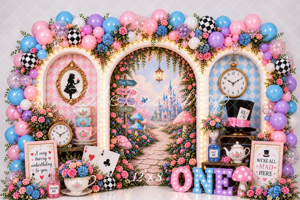 Kate First Birthday Whimsical Wonderland Tea Party Balloon Arch Printed Backdrop Designed by Ashley Paul