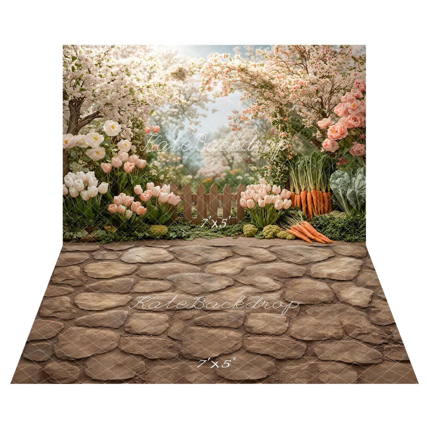 Kate Spring Easter Flower Arch Garden Fence Printed Backdrop+Brown Cobblestone Floor Printed Backdrop