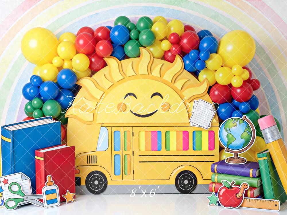 Kate Back To School School Bus Sun Rainbow Printed Backdrop Designed by Mini MakeBelieve