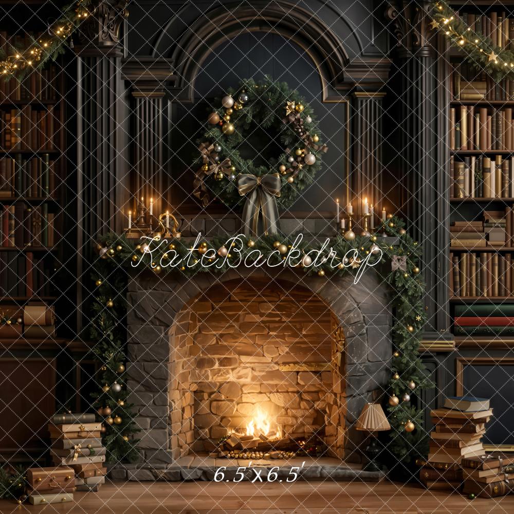 Kate Christmas Fireplace Bookshelves Garland Dark Backdrop Designed by Emetselch