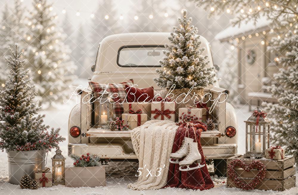 Kate Christmas Vintage White Truck Tree Gifts Ice Skates Snow Printed Backdrop Designed by Emetselch