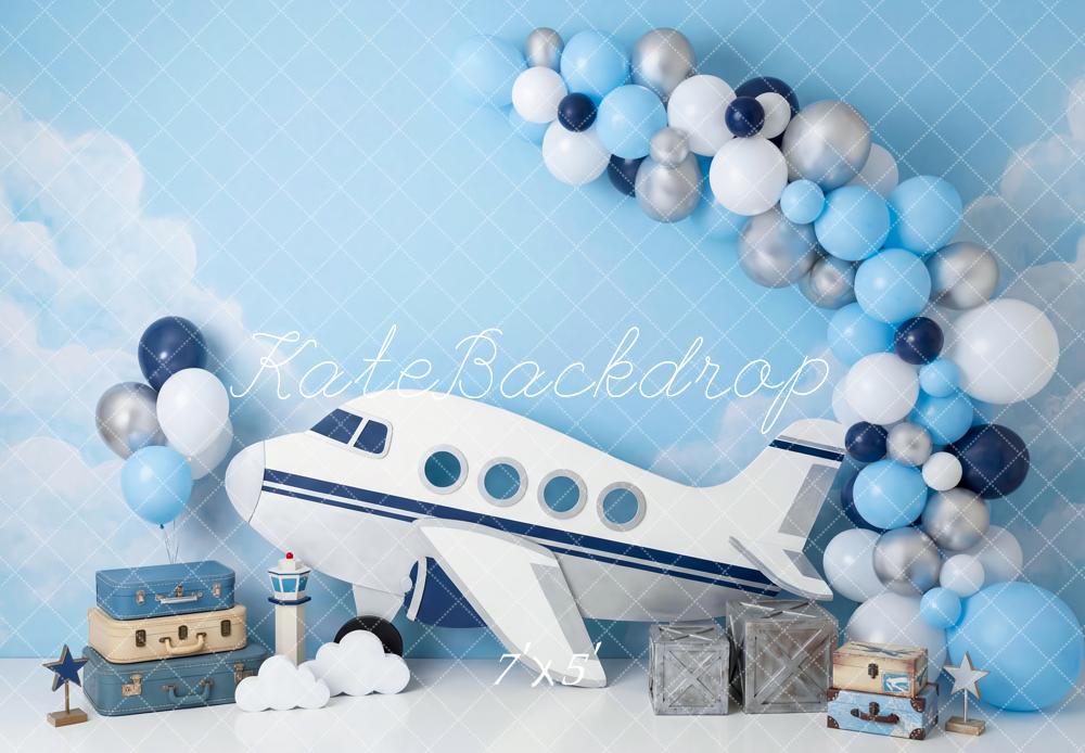 Kate Cake Smash Airplane Balloons Clouds Sky Printed Backdrop Designed by Patty Roberts