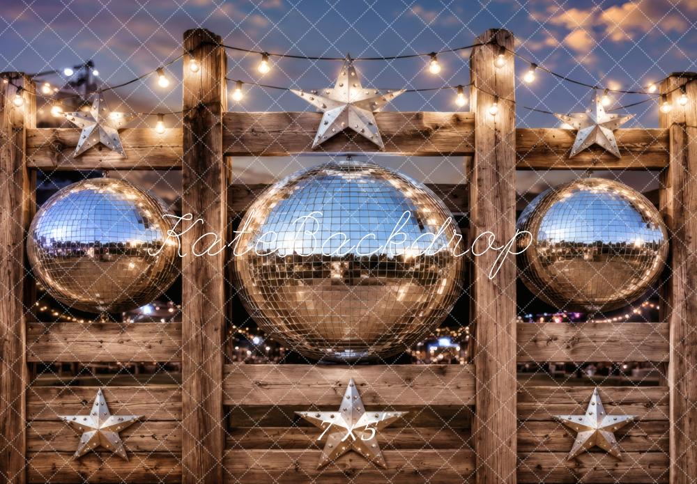Kate Disco Balls Wooden Fence Stars String Lights Printed Backdrop Designed by Vertigo Productions