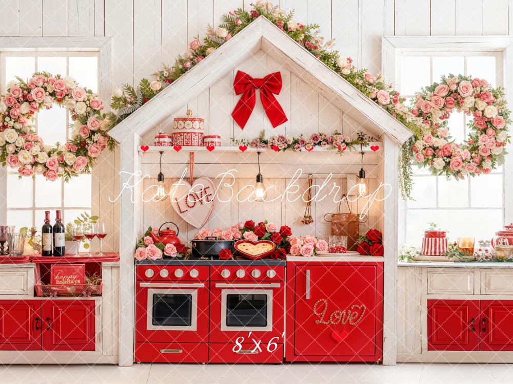 Kate Valentine's Day Kitchen Baking Red Roses Wreath Bow Backdrop Designed by Emetselch