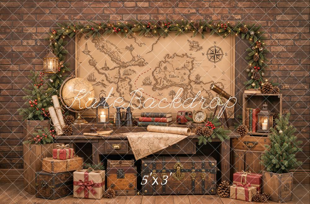 Kate Christmas Vintage Study Map Globe Garland Gifts Printed Backdrop Designed by Emetselch