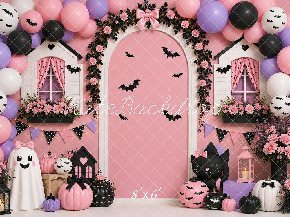 Kate Halloween Party Pink Balloon Floral Arch Cute Ghost Printed Backdrop Designed by Shutter Swan Studios