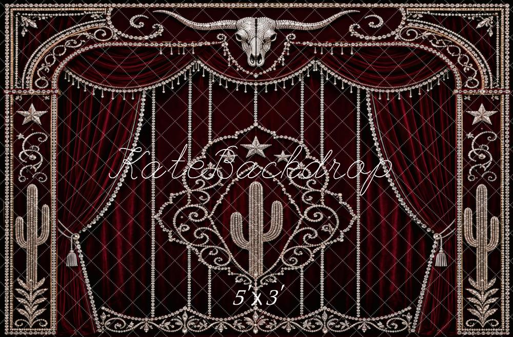 Kate Burgundy Western Rhinestone Red Curtain Printed Backdrop Designed by Vertigo Productions