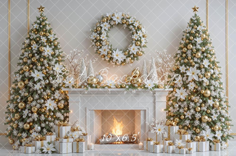 Kate Christmas White Gold Poinsettias Trees Fireplace Wreath Presents Printed Backdrop Designed by Mini MakeBelieve