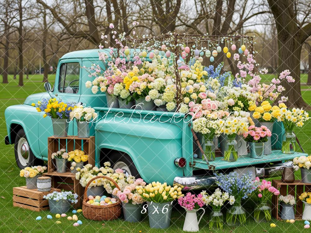 Kate Easter Truck Pastel Flowers Eggs Printed Backdrop Designed by Patty Roberts