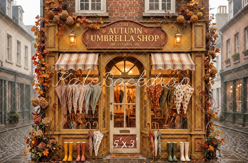 Kate Fall Umbrella Shop Storefront Street Printed Backdrop Designed by Patty Roberts