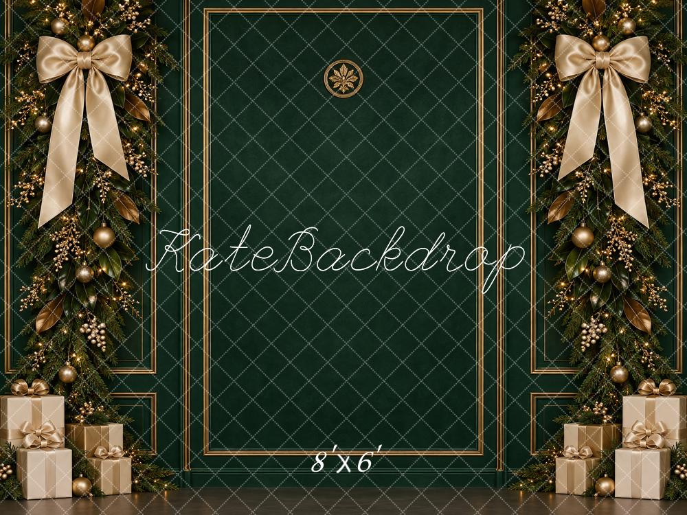 Kate Christmas Green Gold Garland Bows Gifts Printed Backdrop Designed by Vertigo Productions