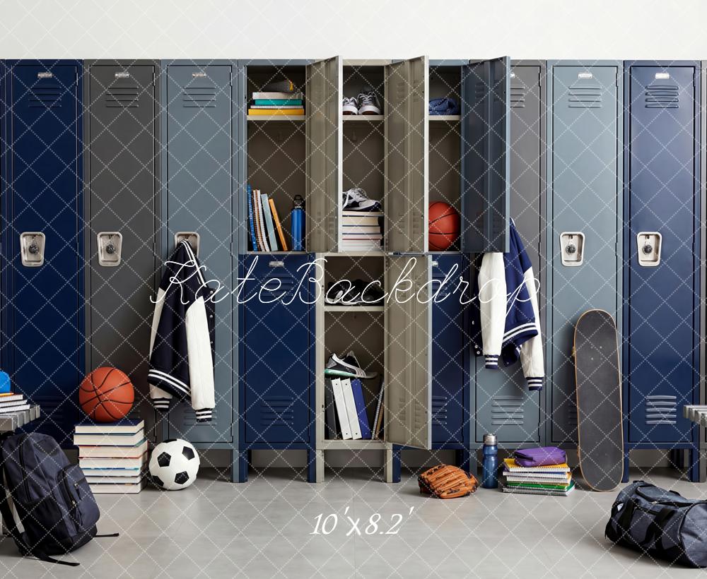 Kate Hign Teen Locker Room Sports Equipment Blue Printed Backdrop Designed by Patty Roberts