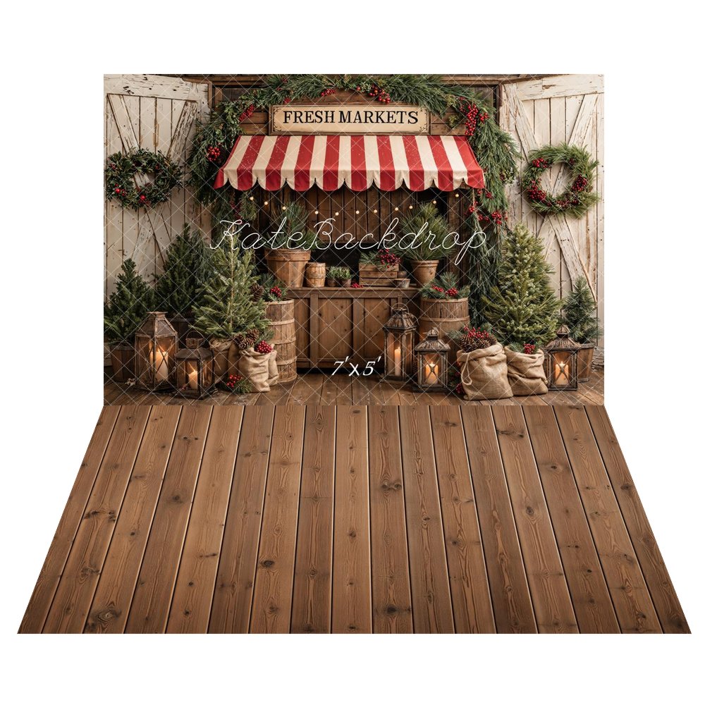 Kate Christmas Market Pine Trees Wreath Lanterns Barrels Printed Backdrop+Brown Wooden Plank Floor Printed Backdrop