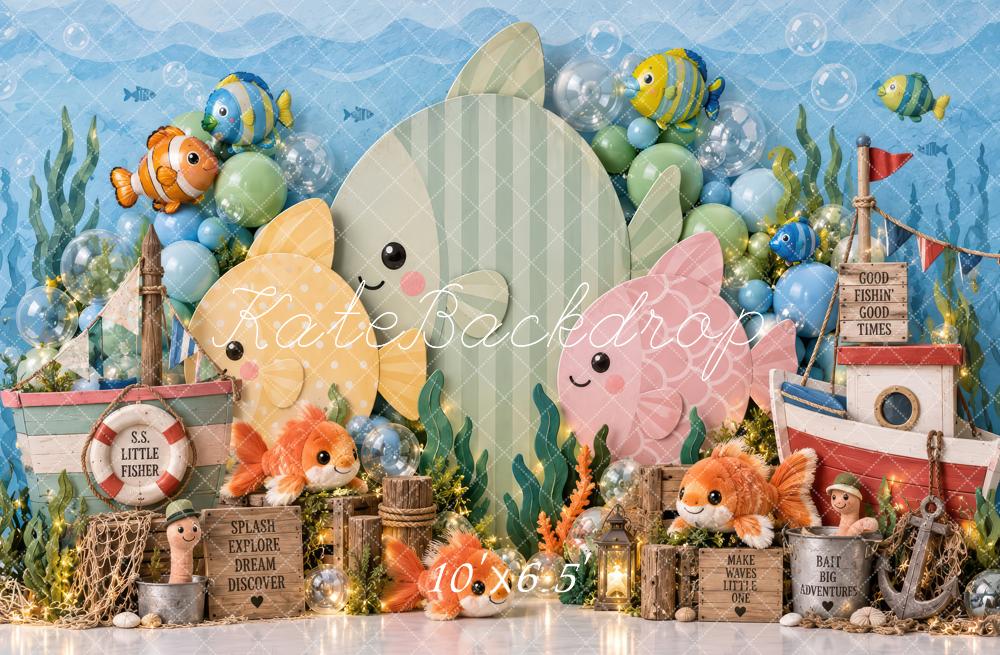 Kate Cake Smash Blue Underwater Fish Fishing Boat Printed Backdrop Designed by Laura Bybee