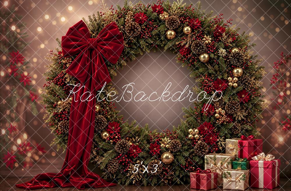 Kate Christmas Large Wreath Red Bow Presents Printed Backdrop Designed by Emetselch