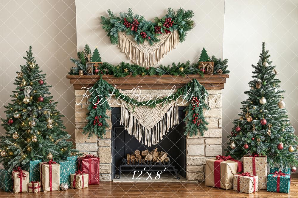 Kate Christmas Tree Fireplace Boho Macrame Garland Presents Backdrop Designed by Emetselch