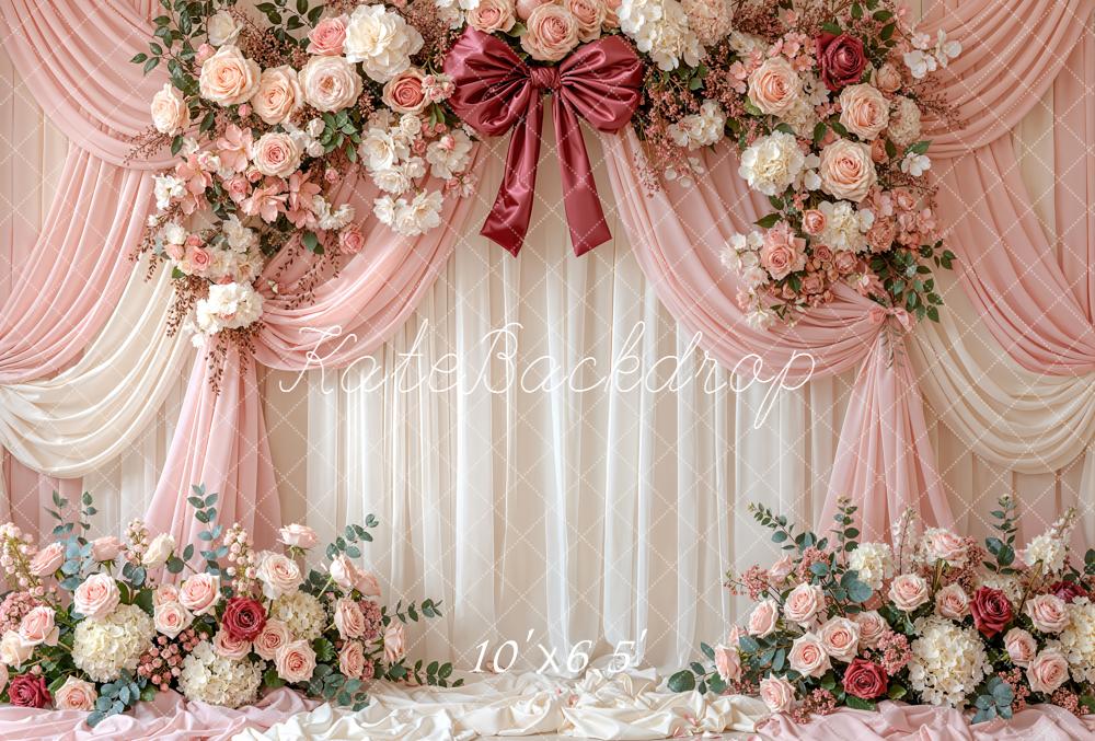 Kate Mother's Day Flower Arch Pink Drapes Roses Bow Printed Backdrop Designed by Emetselch