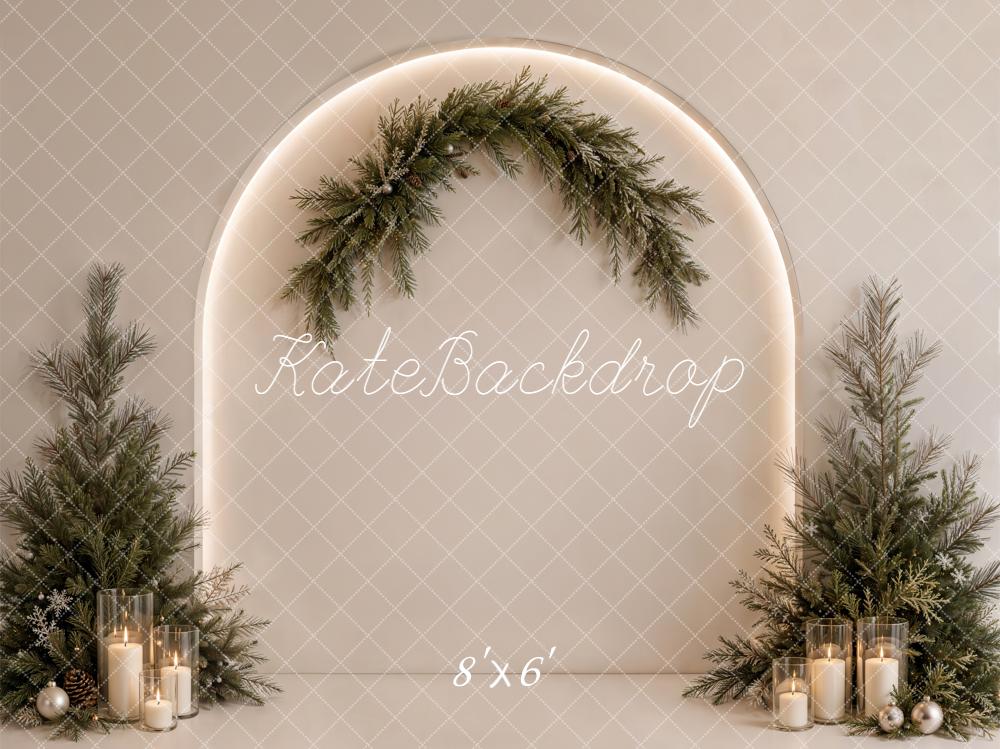 Kate Christmas Minimalist Beige Evergreen Arch Candlelight Printed Backdrop Designed by Emetselch
