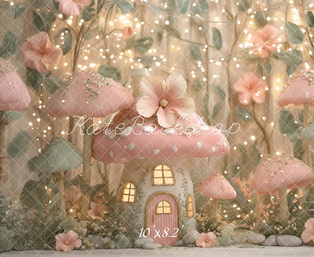 Kate Fairy Fantasy Pink Mushroom House Printed Backdrop Designed by Ashley Paul