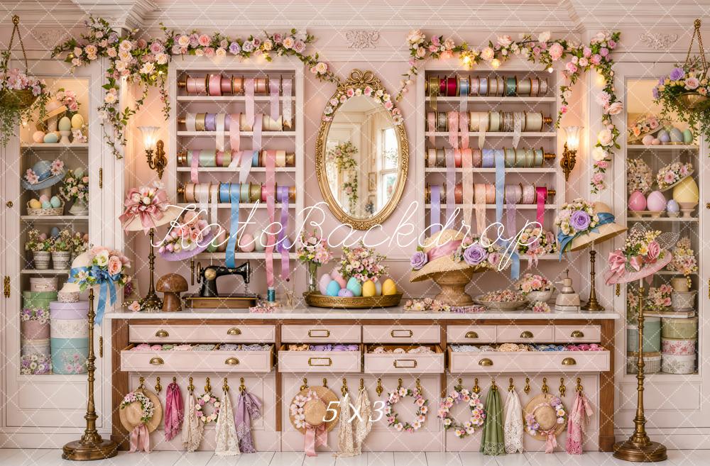 Kate Easter Bonnet Shop Pink Floral Ribbon Printed Backdrop Designed by Patty Roberts