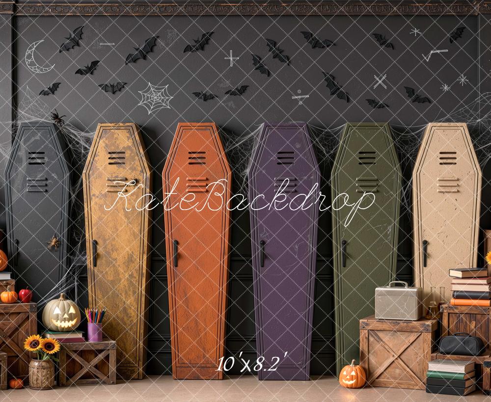 Kate Halloween Coffin Lockers Bats Pumpkin Vintage Black Wall Printed Backdrop Designed by Mini MakeBelieve