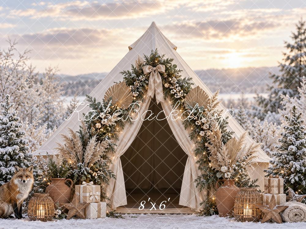 Kate Christmas Boho Tent Snowy Forest Fox Printed Backdrop Designed by Vertigo Productions