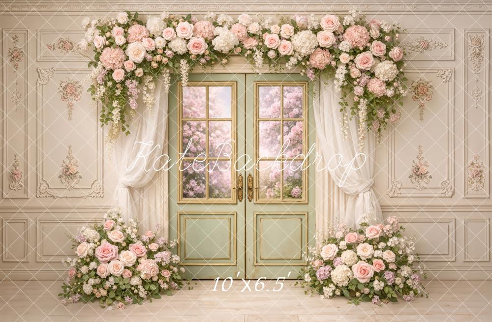 Kate Spring Flower Arch French Door Floral Wall Backdrop Designed by Chain Photography