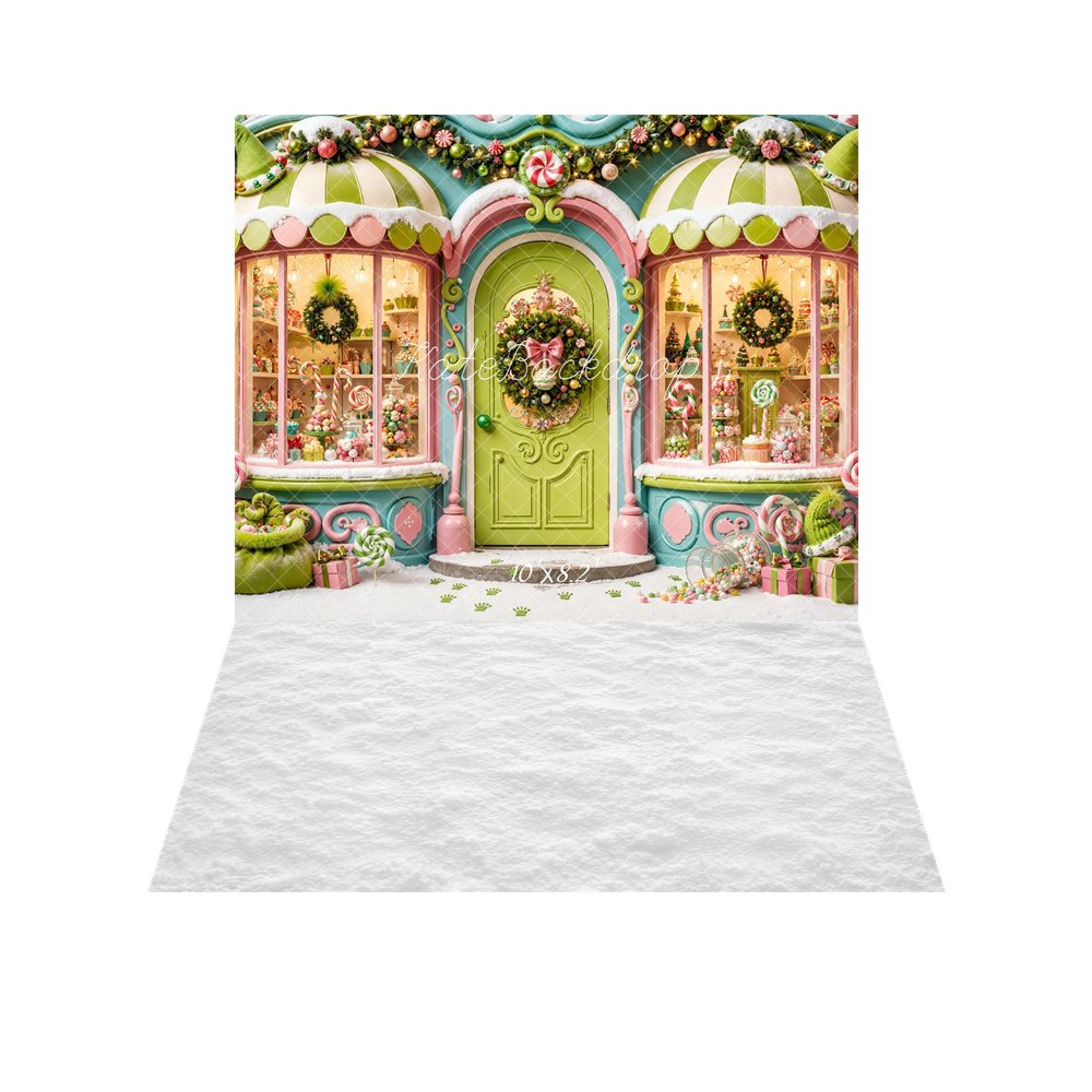 Kate Christmas Whimsical Green Candy Shop Storefront Printed Backdrop+White Snow Floor Printed Backdrop
