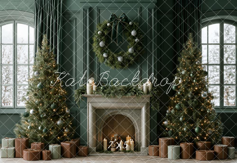 Kate Christmas Green Fireplace Wreath Christmas Trees Gifts Window Printed Backdrop Designed by Emetselch