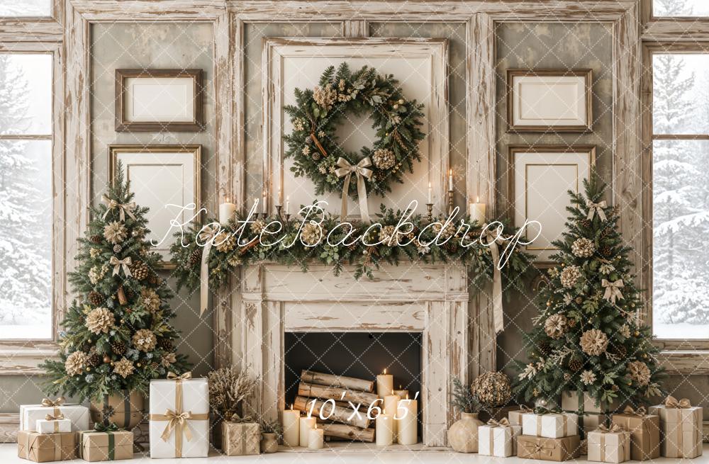Kate Christmas Fireplace Rustic Wreath Garland Trees Neutral Printed Backdrop Designed by Emetselch