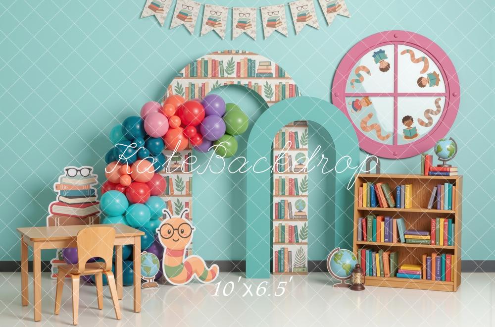 Kate Back to School Bookshelf Arch Balloons Worm Printed Backdrop Designed by Mini MakeBelieve