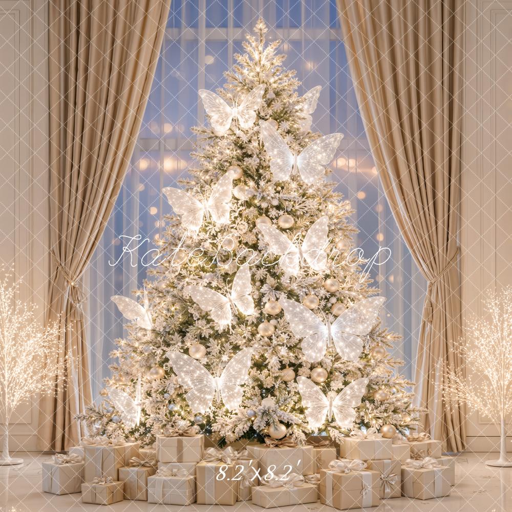 Kate Christmas Fairy Butterfly Sparkling Lights Christmas Tree Window Printed Backdrop Designed by Emetselch