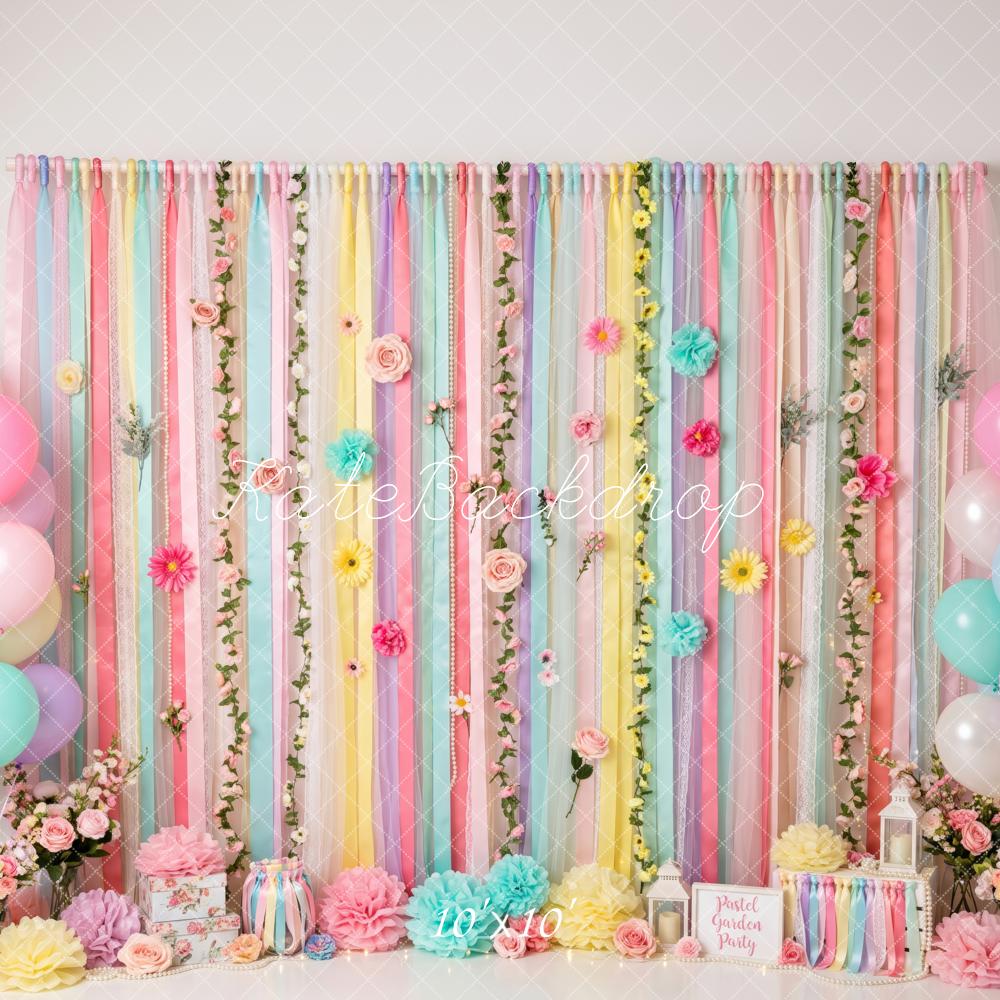 Kate Cake Smash Pastel Ribbons Floral Balloon Party Printed Backdrop Designed by Patty Roberts
