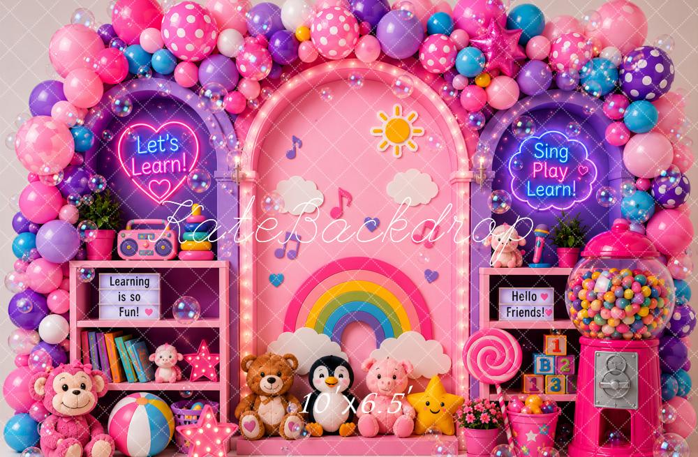 Kate Cake Smash Pink Learning Playroom Balloon Arch Rainbow Printed Backdrop Designed by Ashley Paul