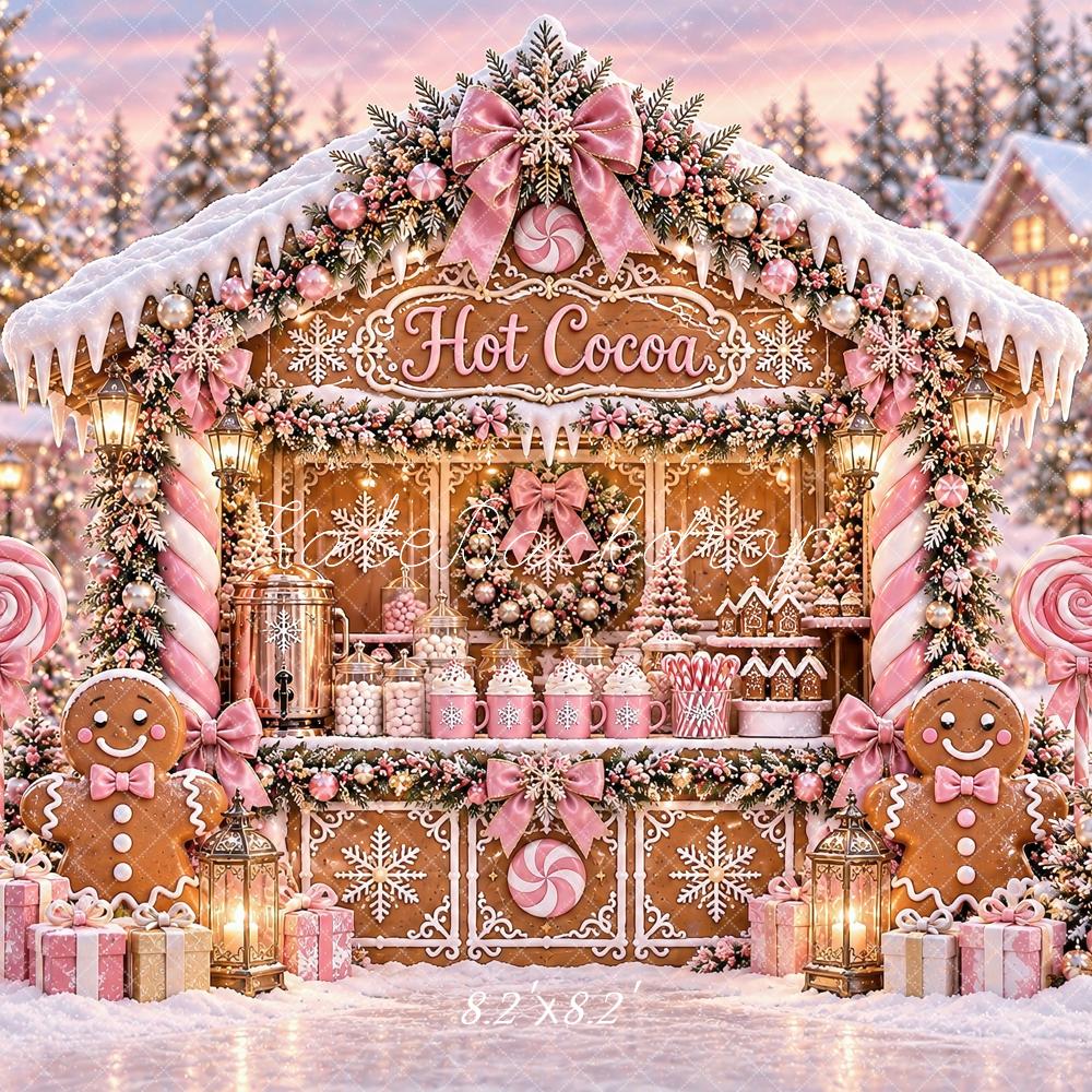 Kate Christmas Pink Gingerbread Hot Cocoa Stand Snowy Printed Backdrop Designed by Ashley Paul