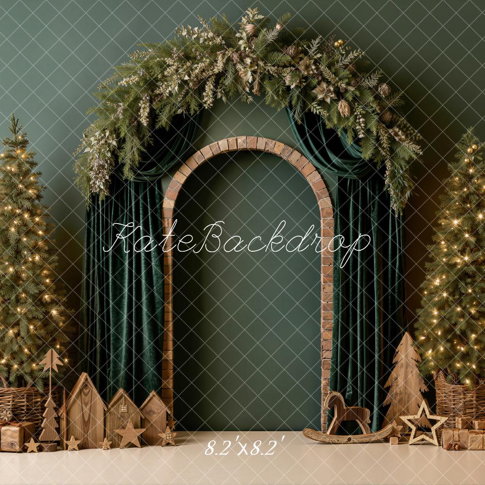 Kate Christmas Trees Green Curtains Arch Gifts Wood Printed Backdrop Designed by Emetselch