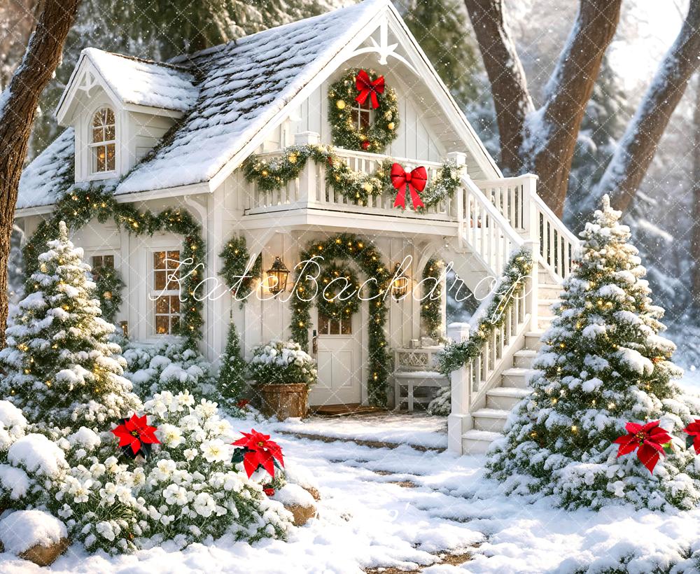 Christmas Snowy Cottage Garland Red Bows Backdrop Designed by Mini MakeBelieve