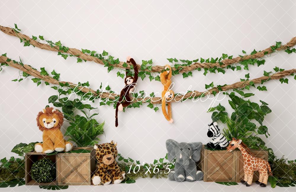 Kate Jungle Stuffed Animals Green Leaves Wooden Crates Backdrop Designed by Melissa King