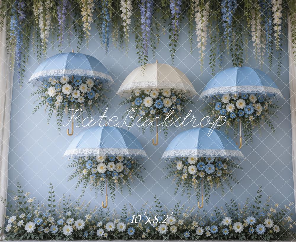 Kate Spring Bluebell Shower Floral Umbrellas Printed Backdrop Designed by Ashley Ward