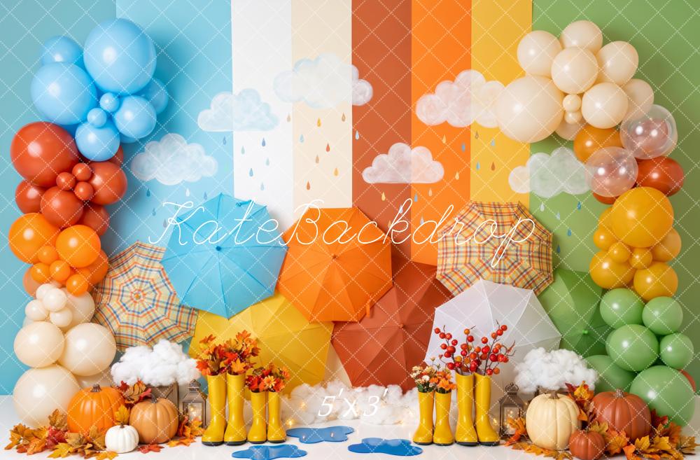 Kate Fall Birthday Rainbow Umbrellas Balloons Pumpkins Printed Backdrop Designed by Patty Roberts