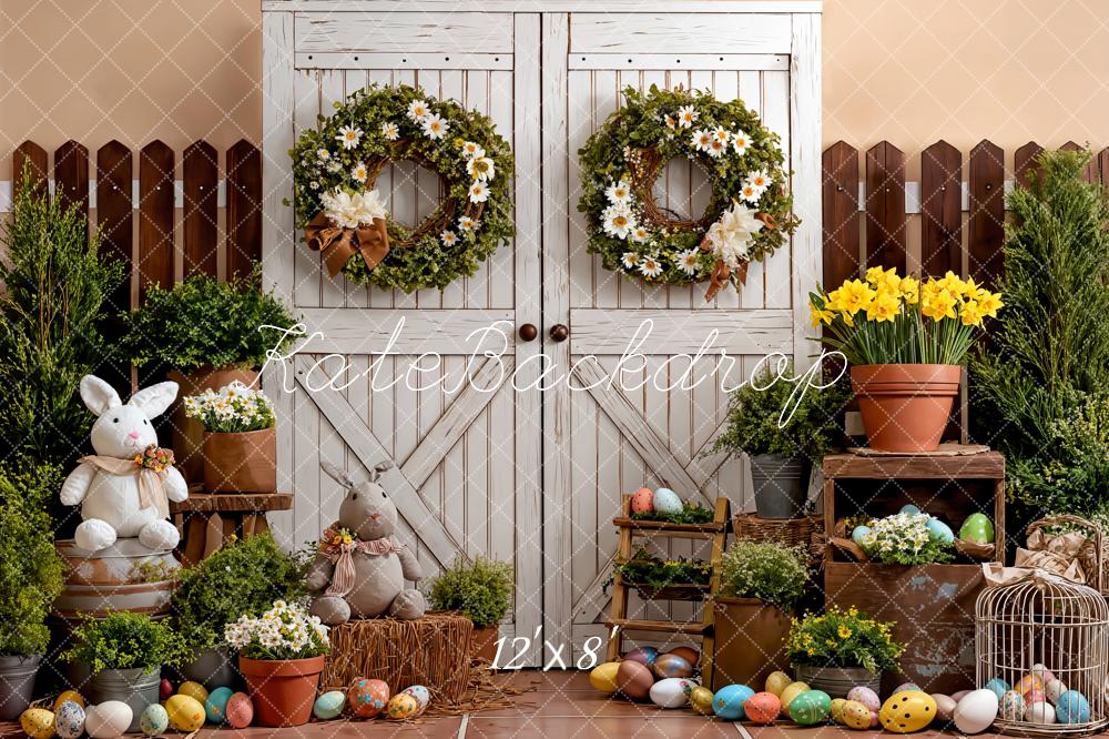 Kate Easter Rustic White Door Bunny Eggs Flowers Fence Backdrop Designed by Emetselch
