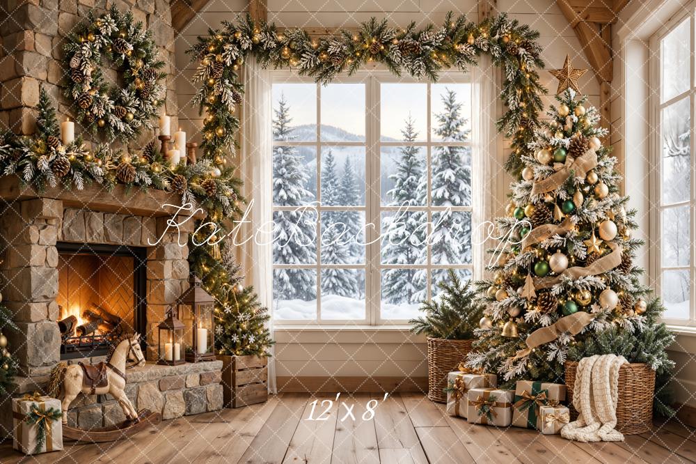 Kate Christmas Fireplace Rustic Stone Christmas Tree Snowy Window Printed Backdrop Designed by Emetselch