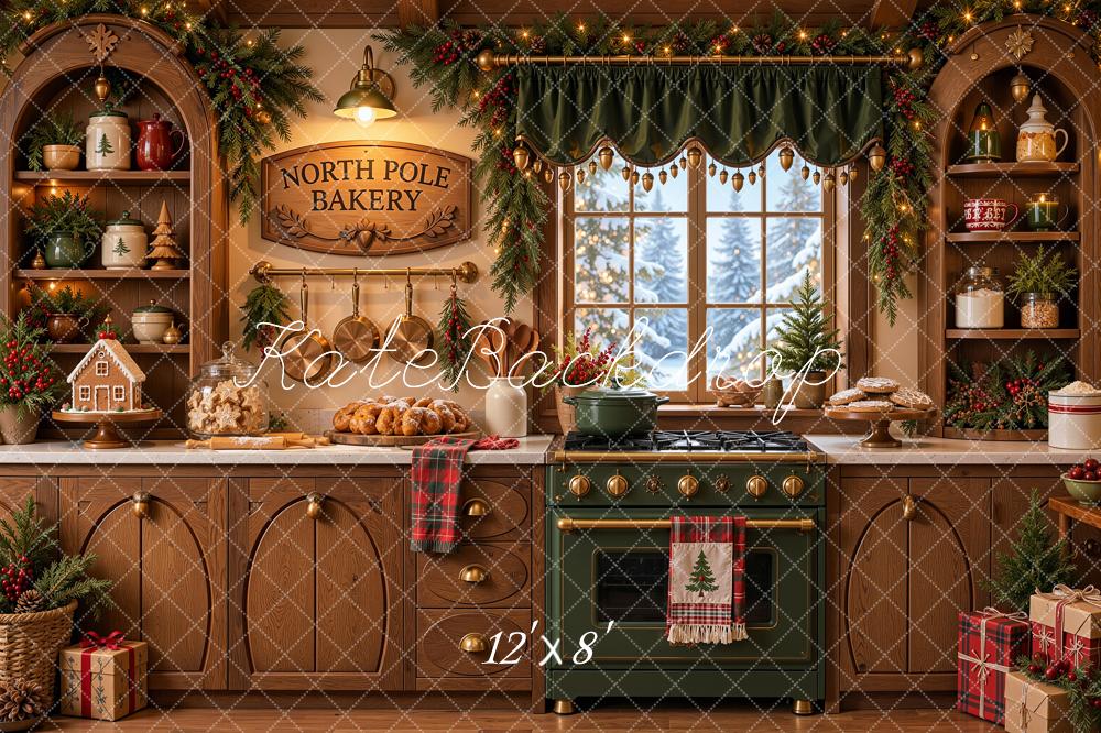 Kate Christmas Kitchen Rustic Bakery Green Oven Snowy Window Printed Backdrop Designed by Shutter Swan Studios